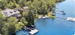 Aerial view of a lakeside estate with docks